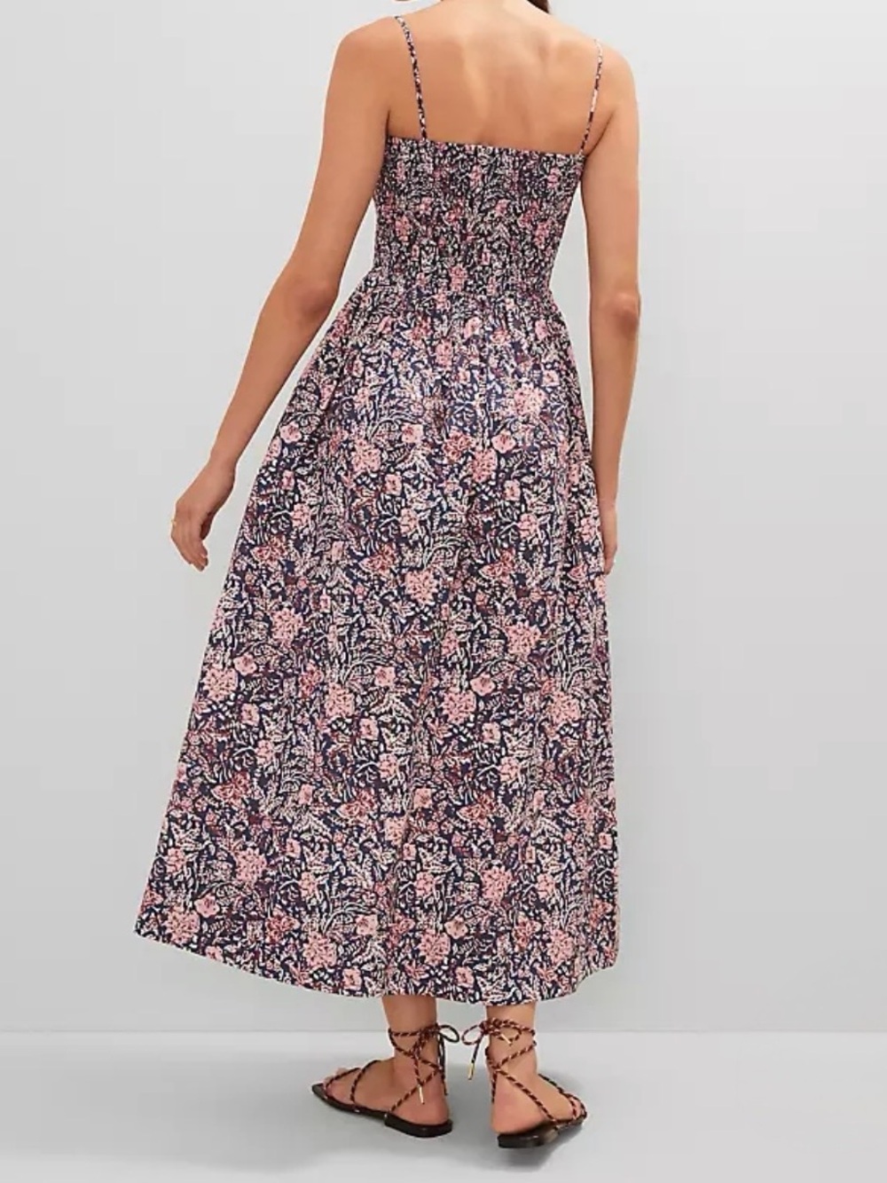 Ann Taylor Blue Pink Floral Smocked Flare Midi Dress 10 Spaghetti Straps Pockets - Picture 7 of 11